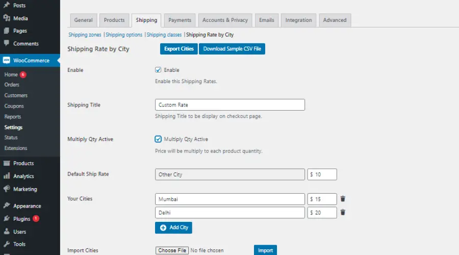 Shipping Rate by City Settings