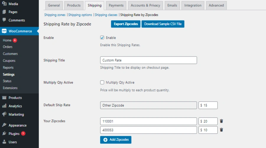 Shipping Rate by City Settings